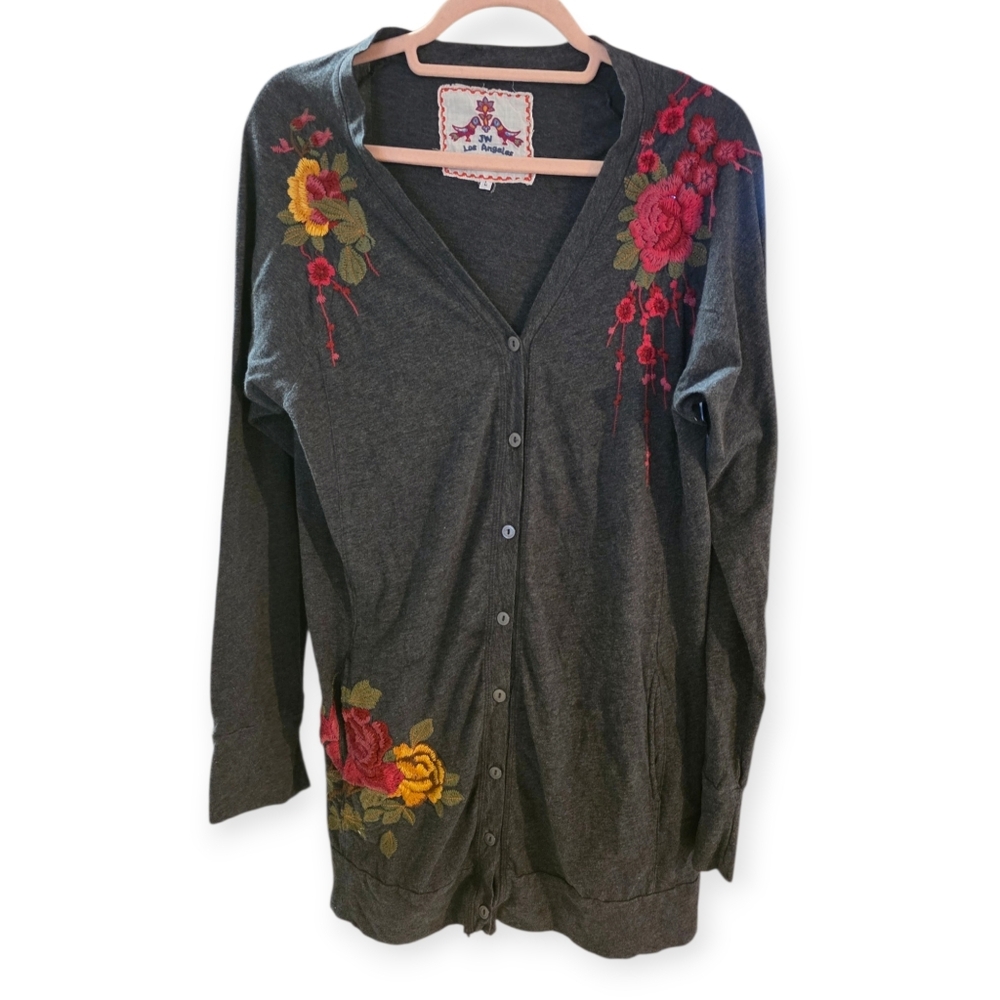 JW (Johnny Was) Los Angeles Embroidered Button Down Gray Cotton Cardigan